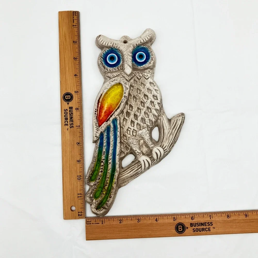Wall Plaque Ceramic Owl Evil Eye 11.5in Multicolor Boho Decor